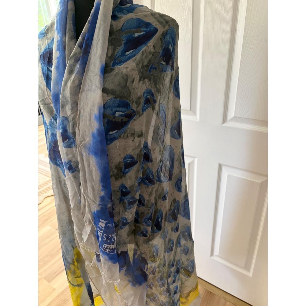 Yigal Azrouel Resort 2014 Blue Grey Print Eyelash Fringe Scarf Wrap - Picture 3 of 5